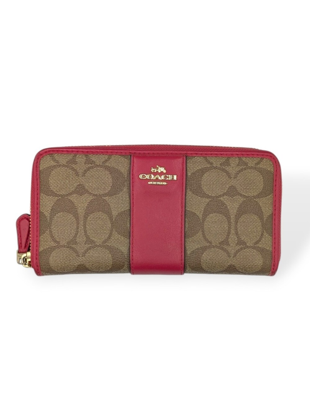 Coach Signature C Coated Canvas & Leather Trim Zip Wallet F54630 Poppy Pink/Red